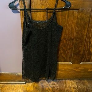 Black mesh tank top/overlay with small black sequins.